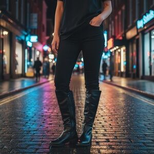 Black Flat‎ Heeled Boots Inside Zip Quilted Diamond Pattern Accent Buckle 7.5